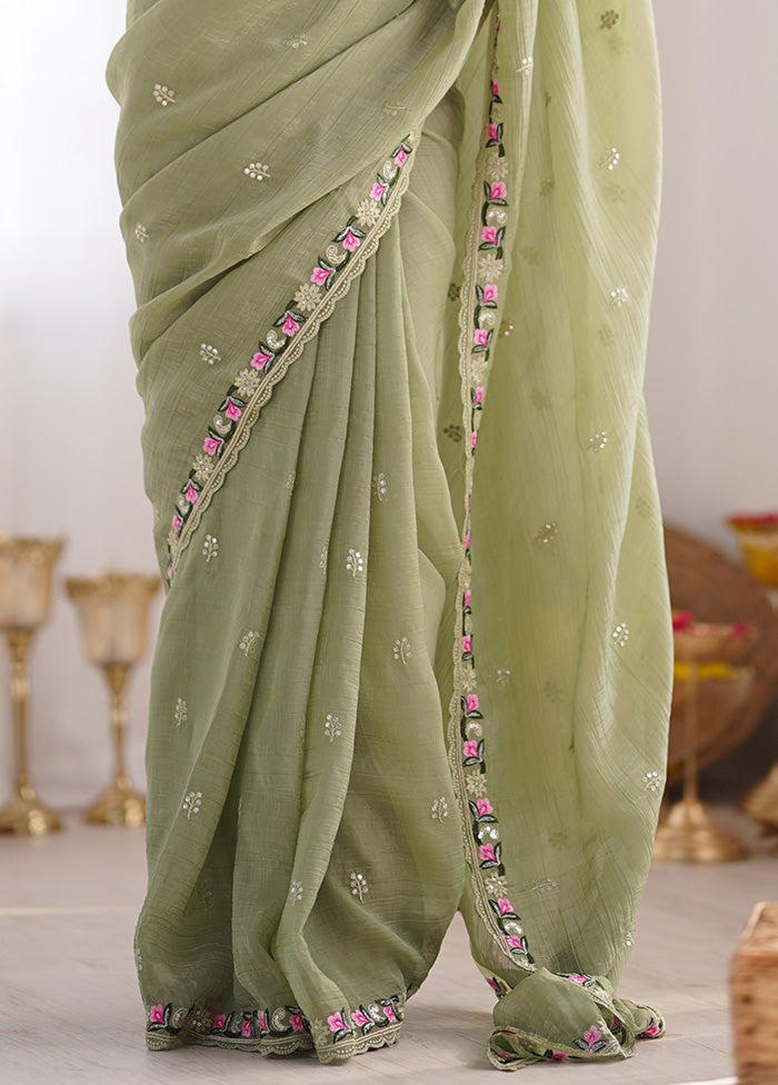 Pista Green Spun Silk Saree With Blouse Piece