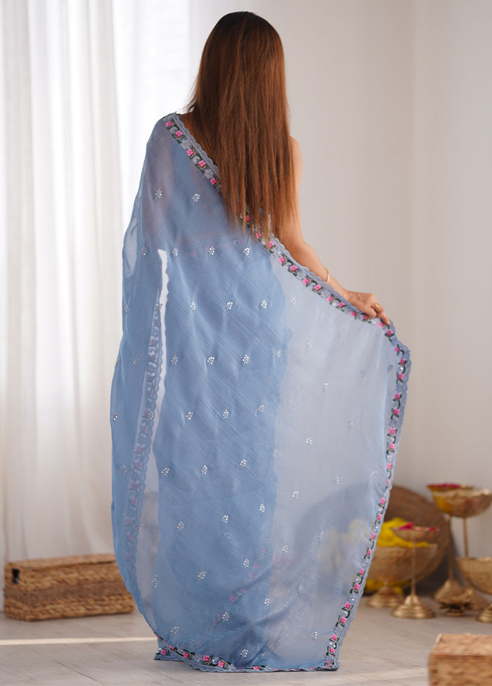 Sky Blue Spun Silk Saree With Blouse Piece