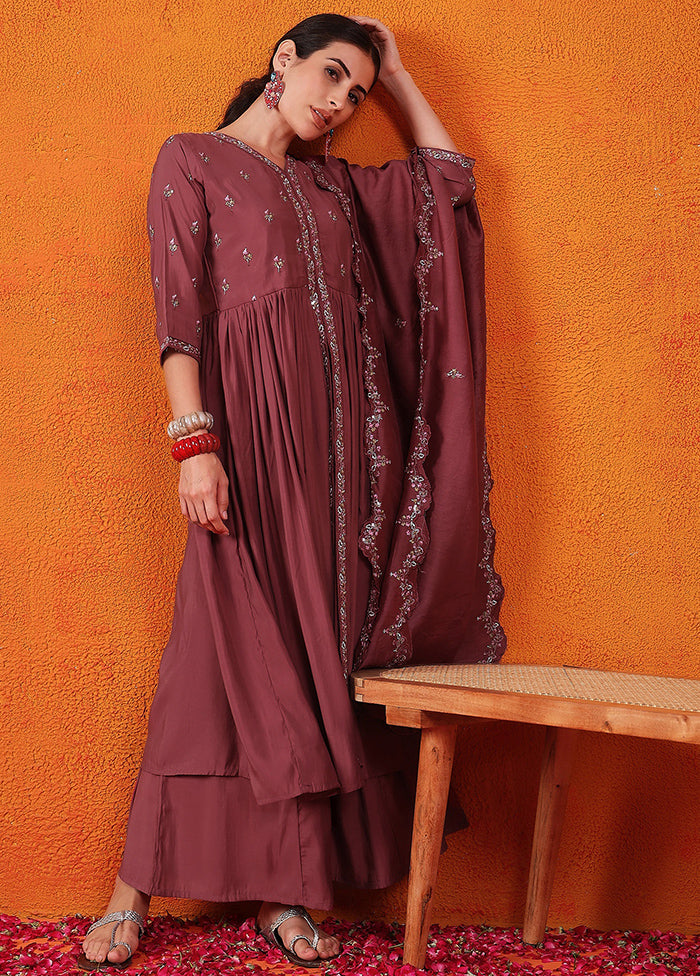 3 Pc Maroon Readymade Silk Suit Set