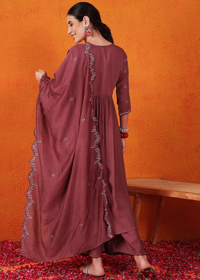 3 Pc Maroon Readymade Silk Suit Set