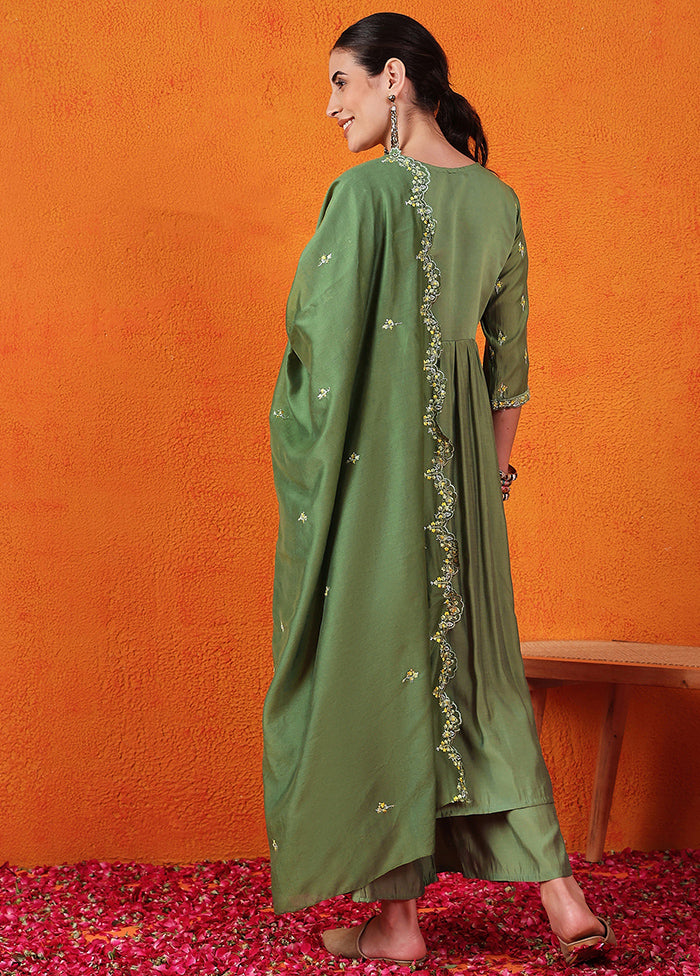 3 Pc Green Readymade Silk Suit Set