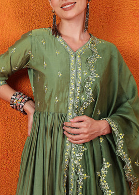 3 Pc Green Readymade Silk Suit Set