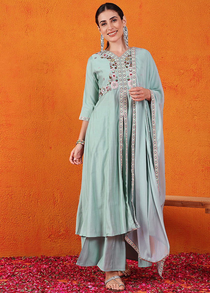 3 Pc Sky Blue Readymade Silk Suit Set