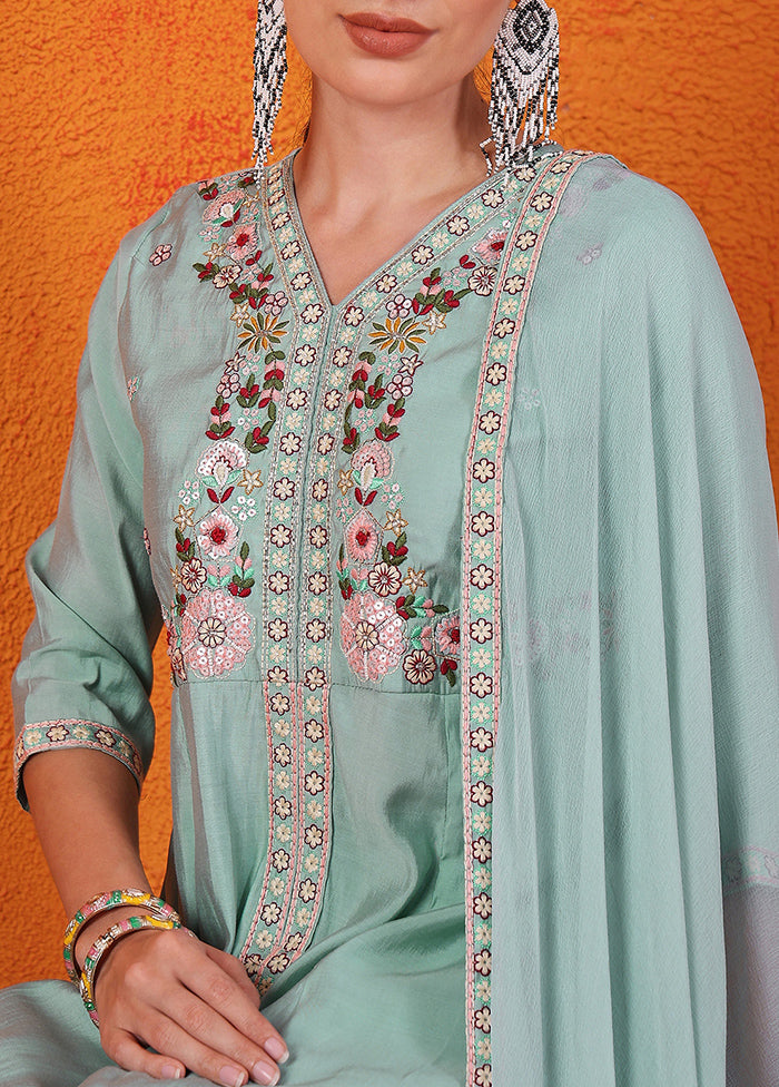 3 Pc Sky Blue Readymade Silk Suit Set