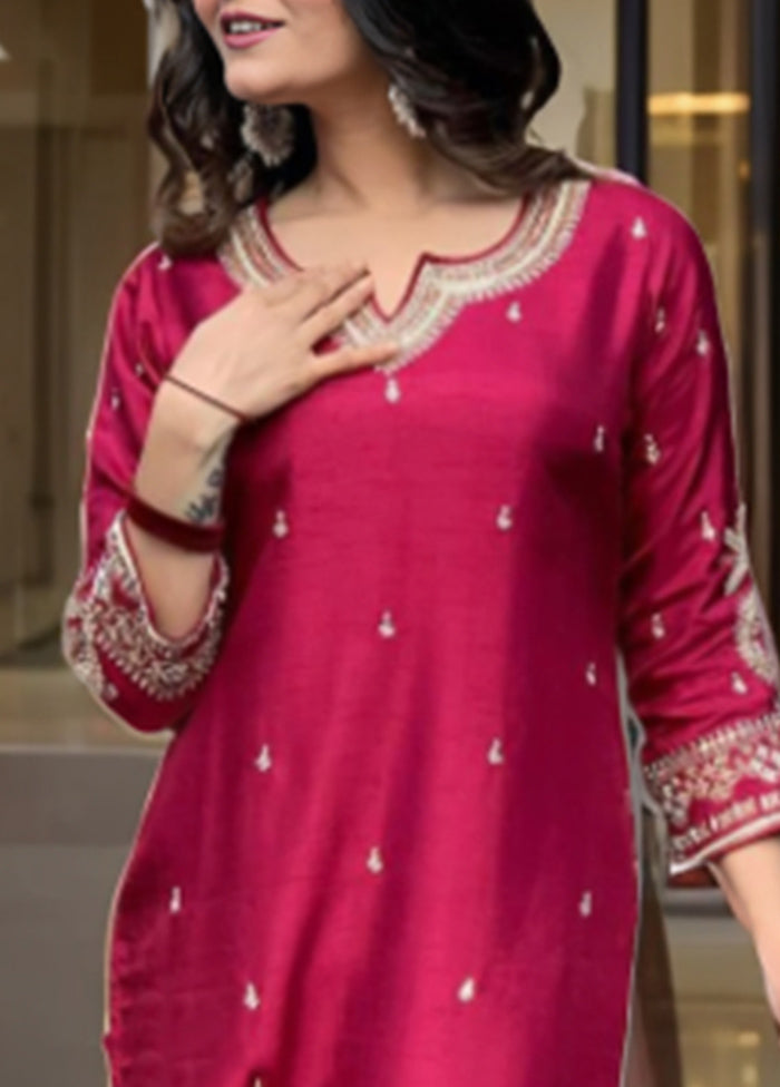 3 Pc Maroon Readymade Silk Suit Set