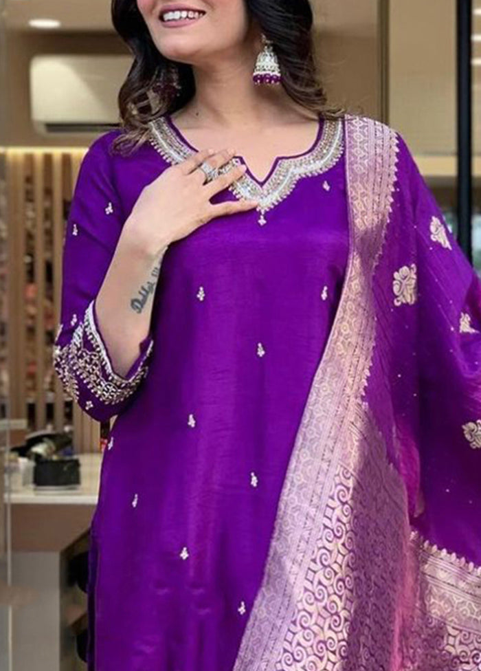 3 Pc Purple Readymade Silk Suit Set