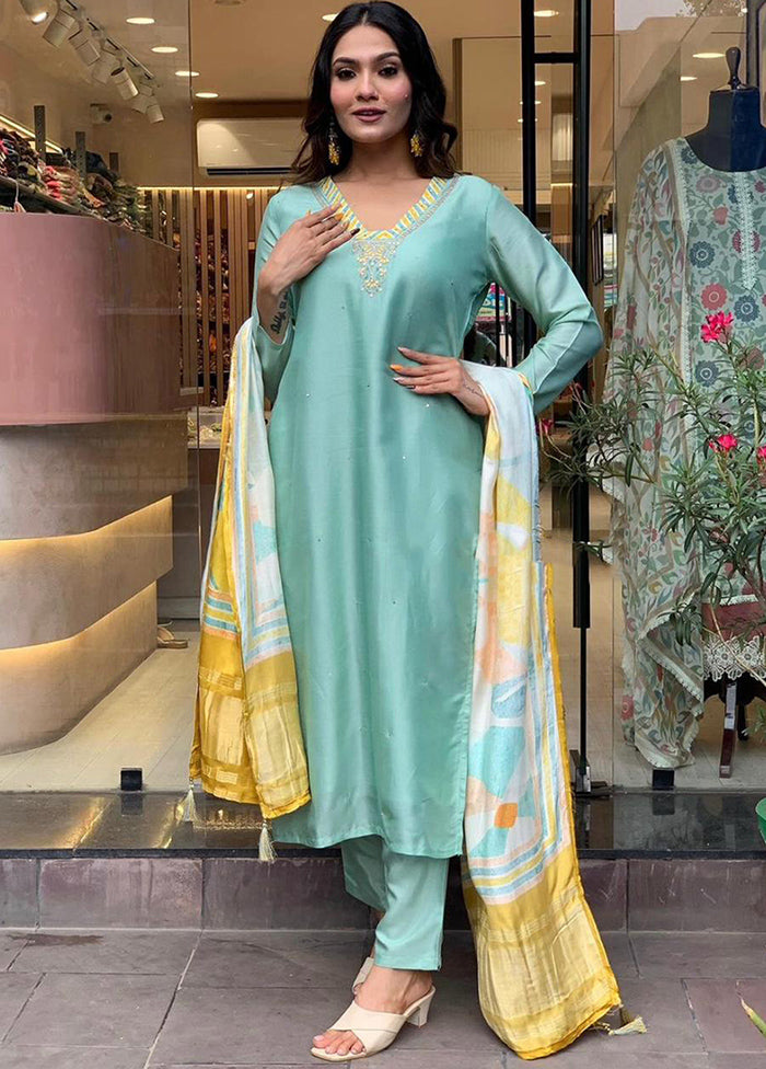 3 Pc Sea Green Readymade Silk Suit Set