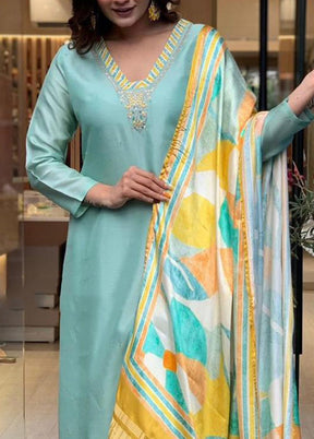 3 Pc Sea Green Readymade Silk Suit Set