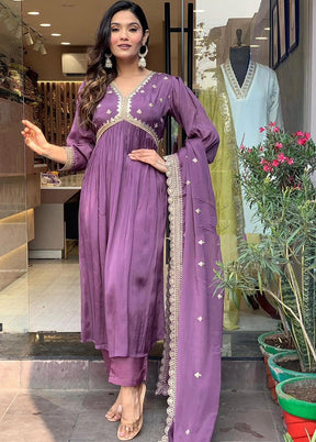 3 Pc Mauve Readymade Silk Suit Set