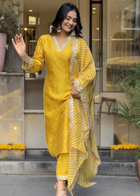 3 Pc Yellow Readymade Silk Suit Set