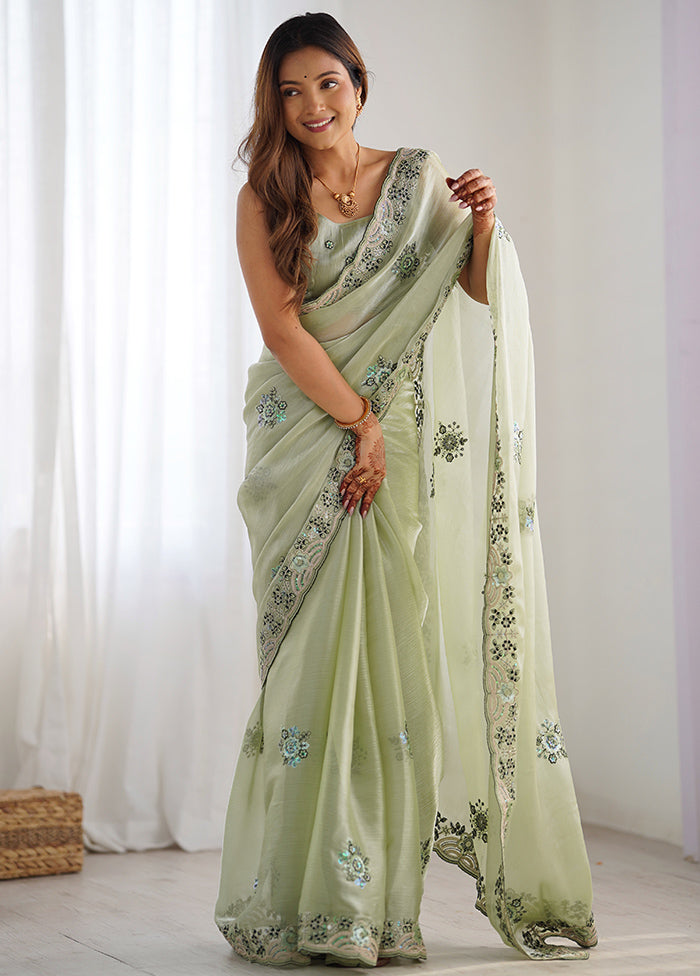 Pista Green Spun Silk Saree With Blouse Piece