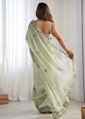 Pista Green Spun Silk Saree With Blouse Piece