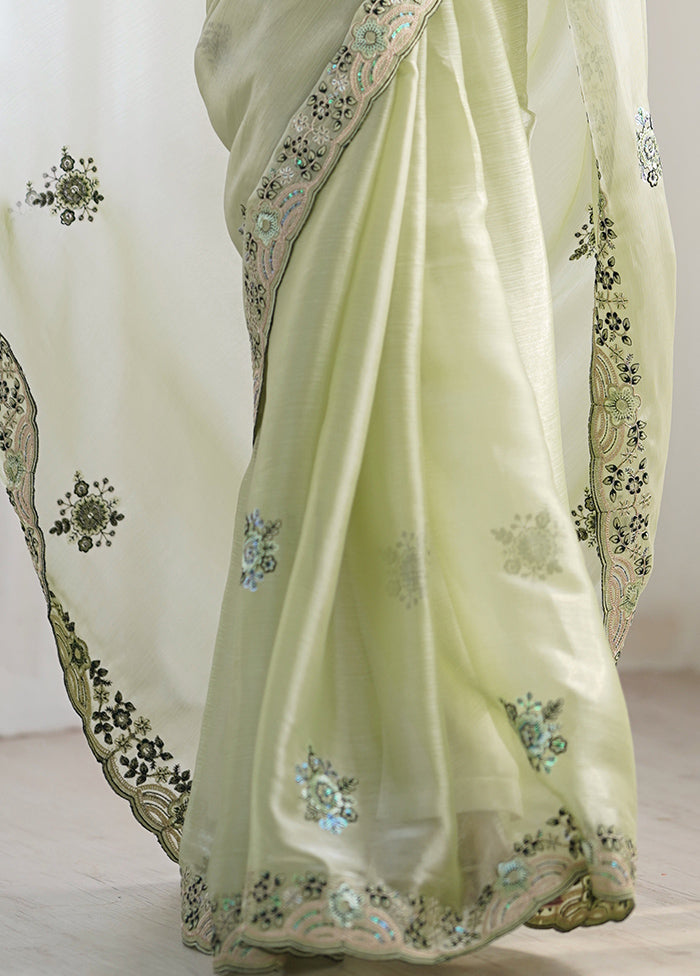 Pista Green Spun Silk Saree With Blouse Piece