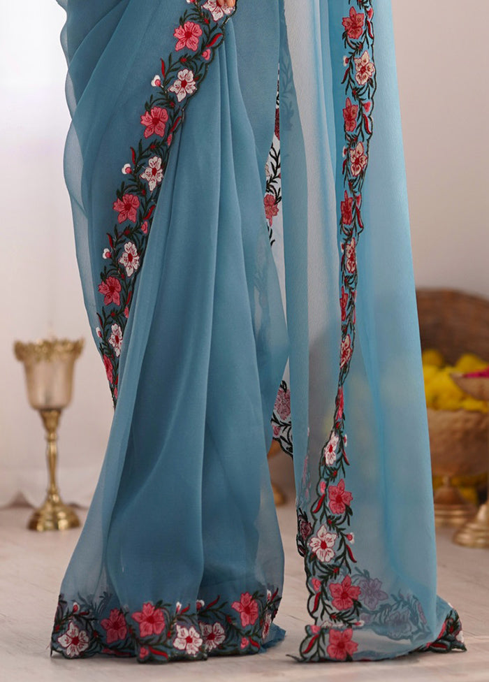 Sky Blue Spun Silk Saree With Blouse Piece