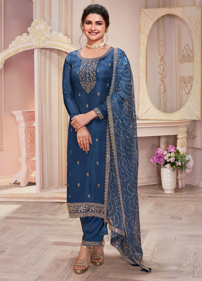 3 Pc Blue Semi Stitched Georgette Suit Set