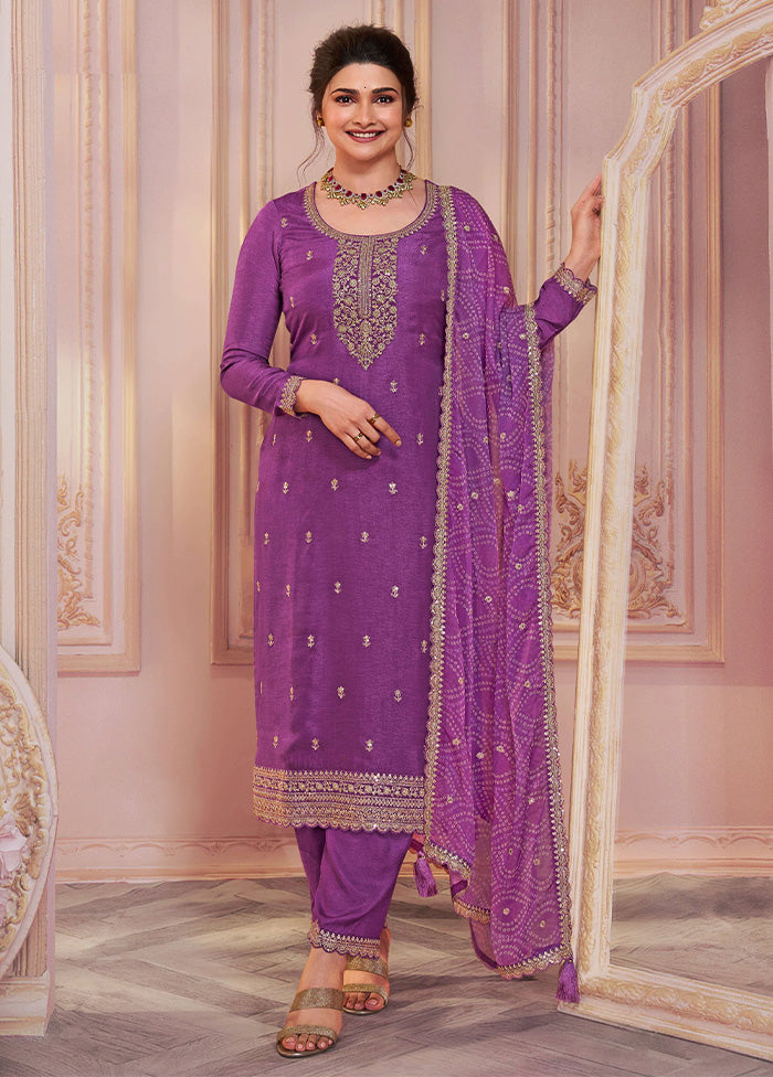 3 Pc Purple Semi Stitched Georgette Suit Set