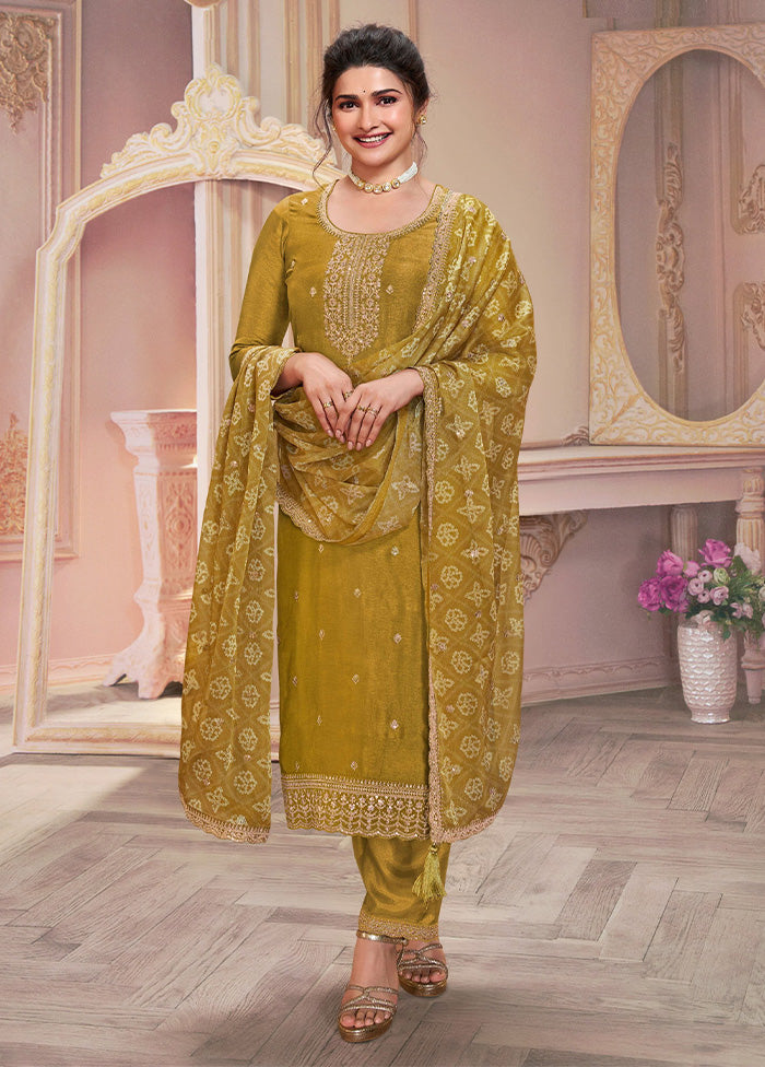 3 Pc Mustard Semi Stitched Georgette Suit Set