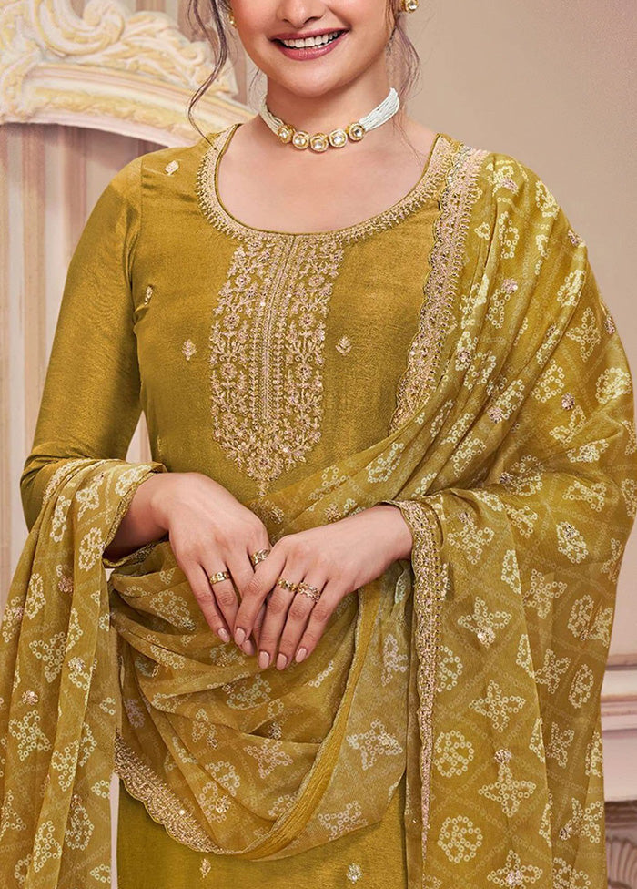 3 Pc Mustard Semi Stitched Georgette Suit Set