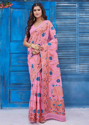 Pink Linen Silk Saree With Blouse Piece