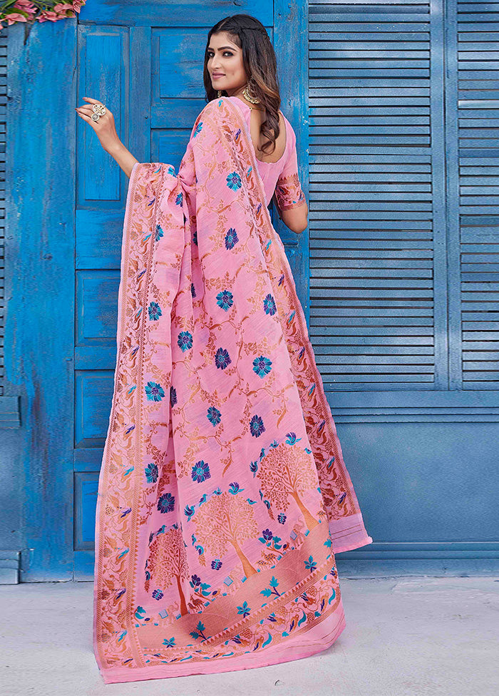 Pink Linen Silk Saree With Blouse Piece