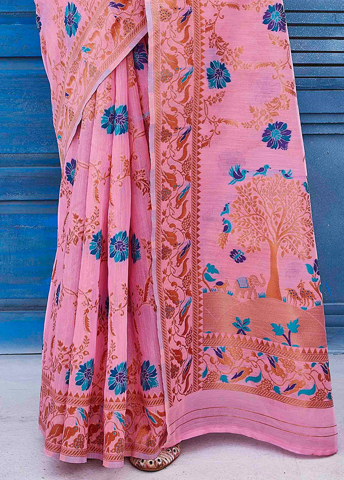 Pink Linen Silk Saree With Blouse Piece