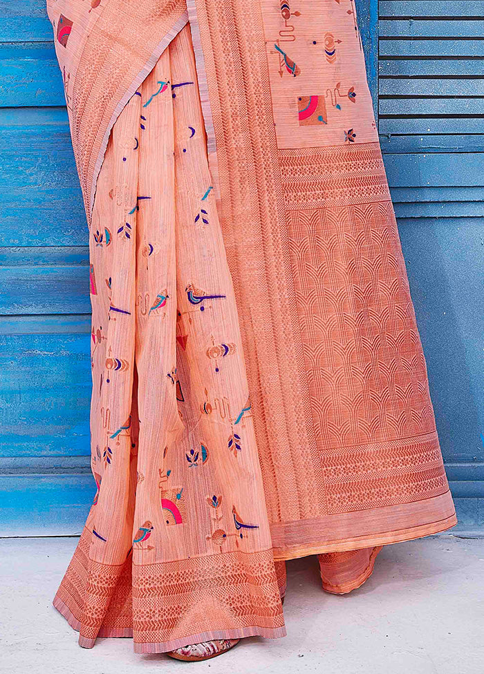 Peach Linen Silk Saree With Blouse Piece