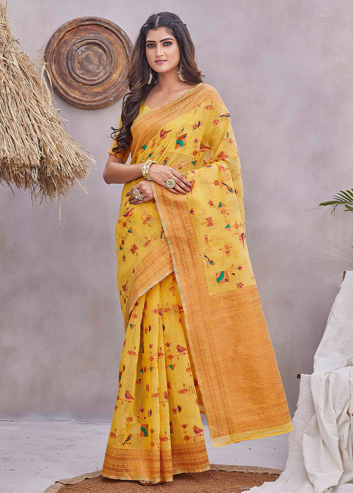 Yellow Linen Silk Saree With Blouse Piece