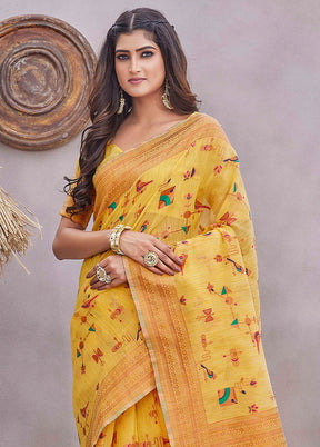 Yellow Linen Silk Saree With Blouse Piece