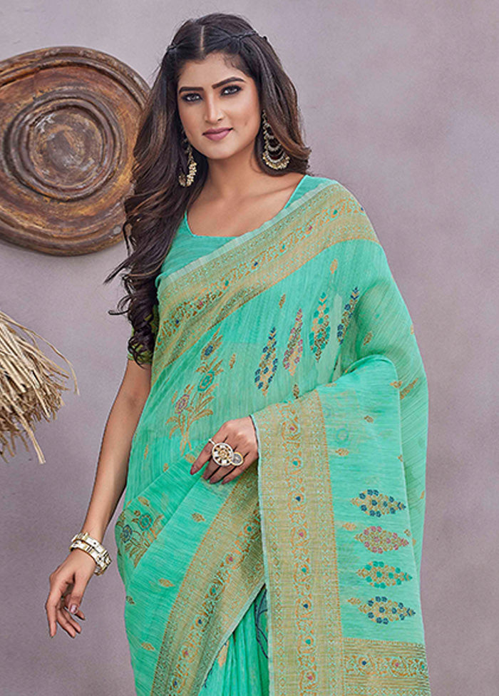 Sea Green Linen Silk Saree With Blouse Piece