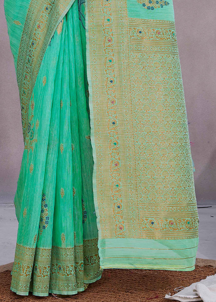 Sea Green Linen Silk Saree With Blouse Piece