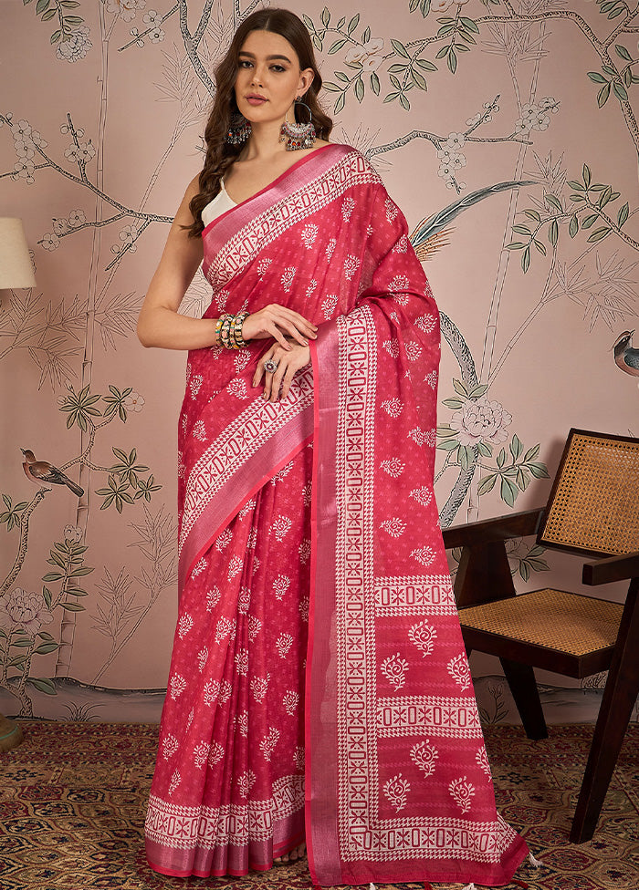 Pink Linen Silk Saree With Blouse Piece