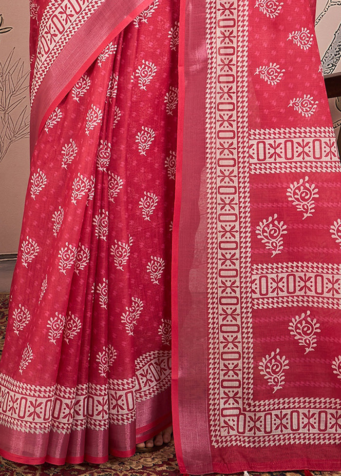 Pink Linen Silk Saree With Blouse Piece