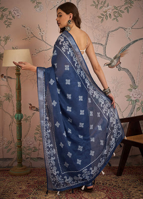 Navy Blue Linen Silk Saree With Blouse Piece