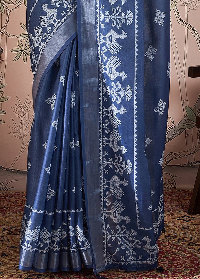 Navy Blue Linen Silk Saree With Blouse Piece