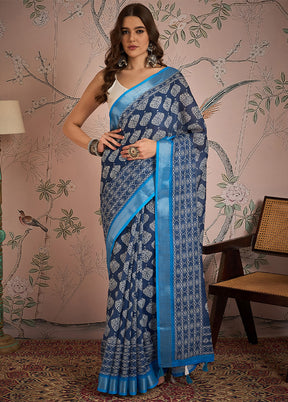 Blue Linen Silk Saree With Blouse Piece