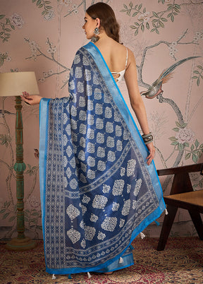 Blue Linen Silk Saree With Blouse Piece