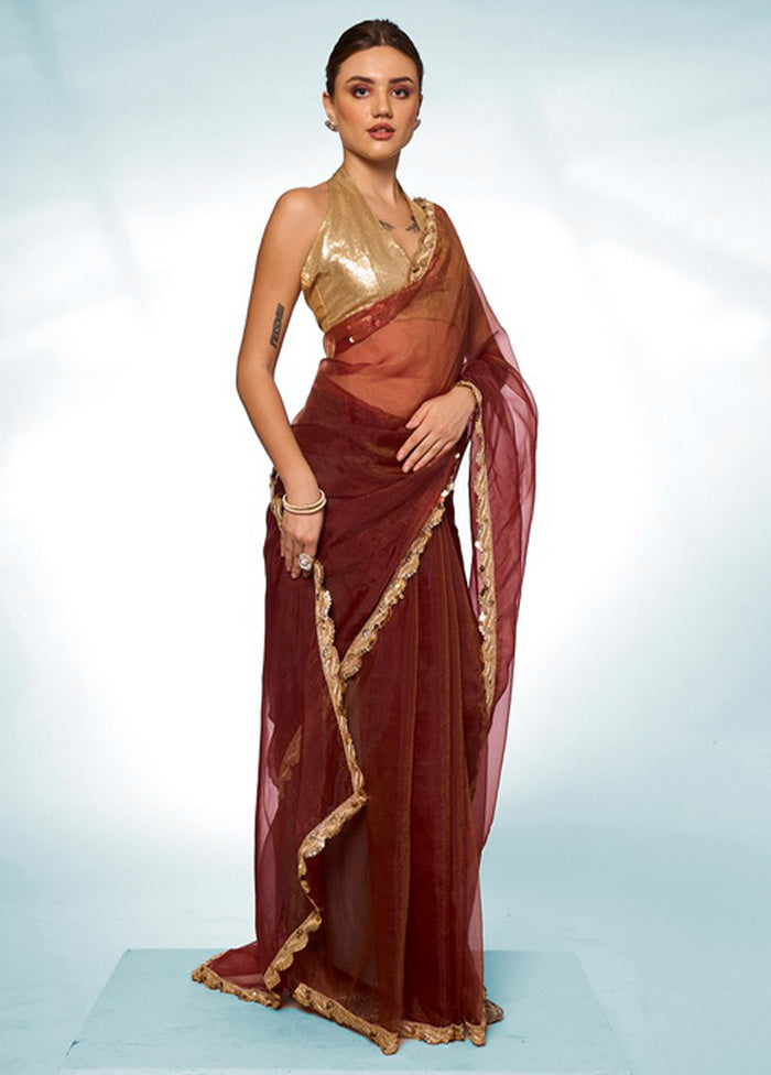 Brown Spun Silk Saree With Blouse Piece