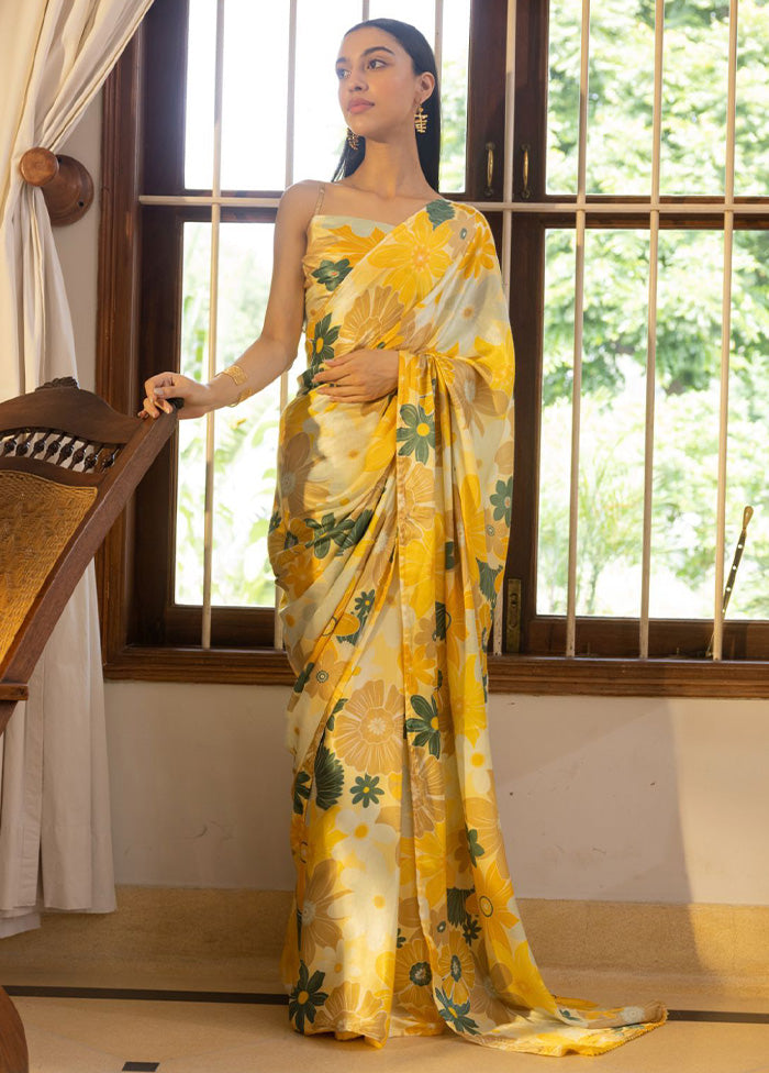 Yellow Satin Silk Saree With Blouse Piece