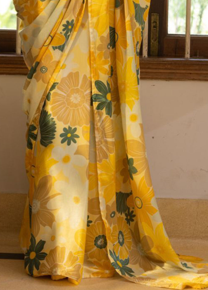 Yellow Satin Silk Saree With Blouse Piece