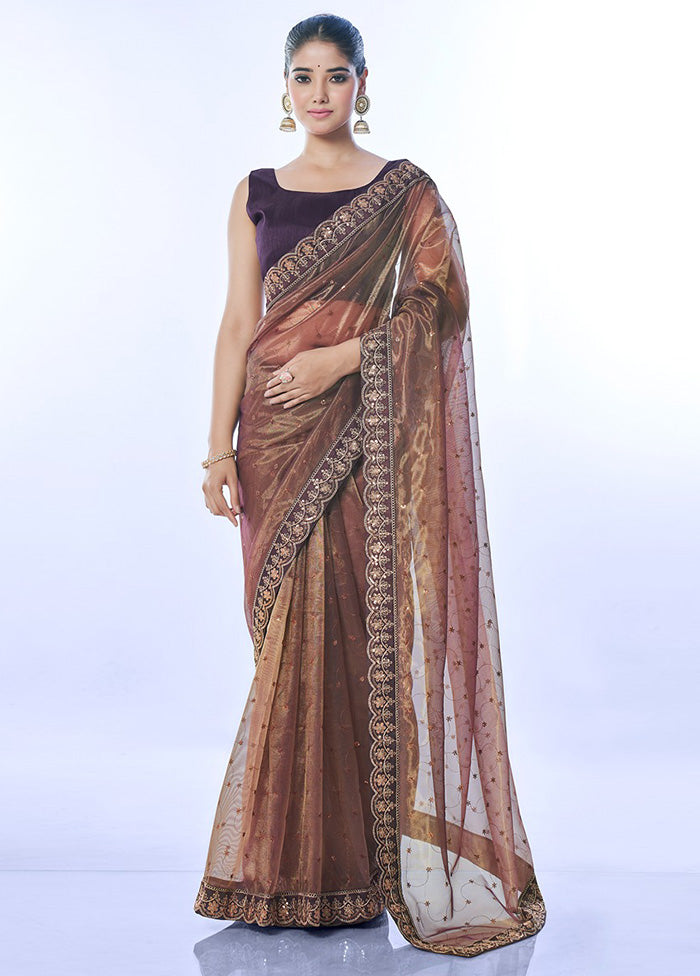 Brown Net Net Saree With Blouse Piece