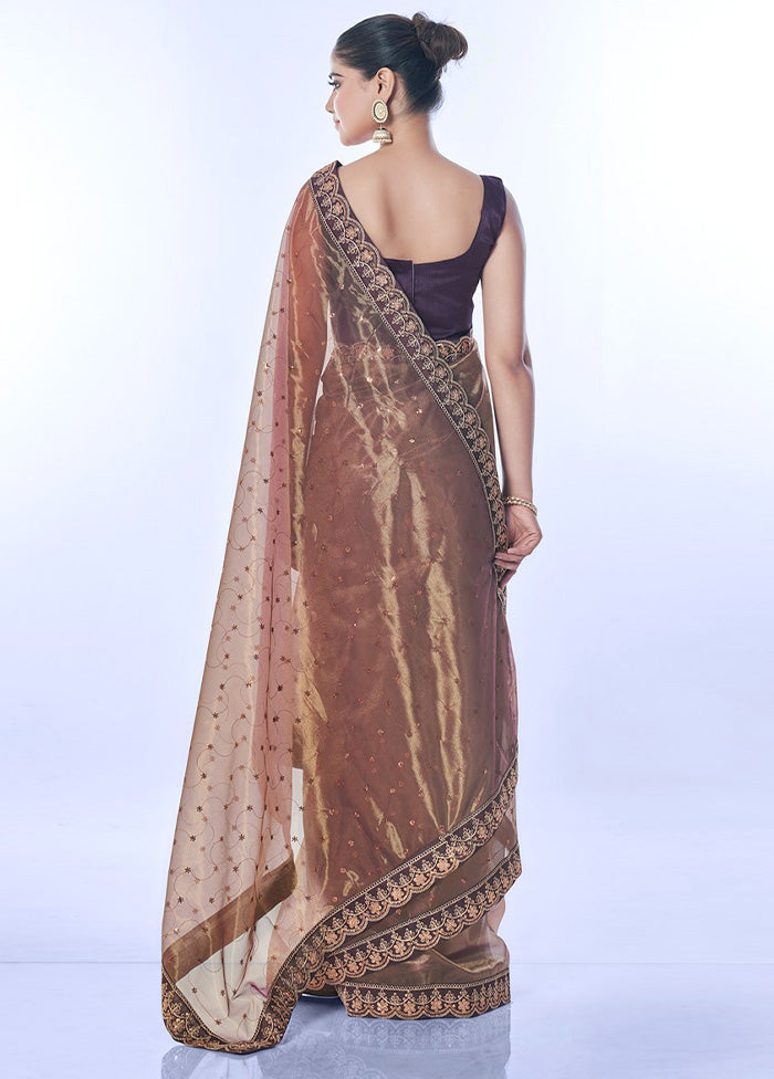 Brown Net Net Saree With Blouse Piece