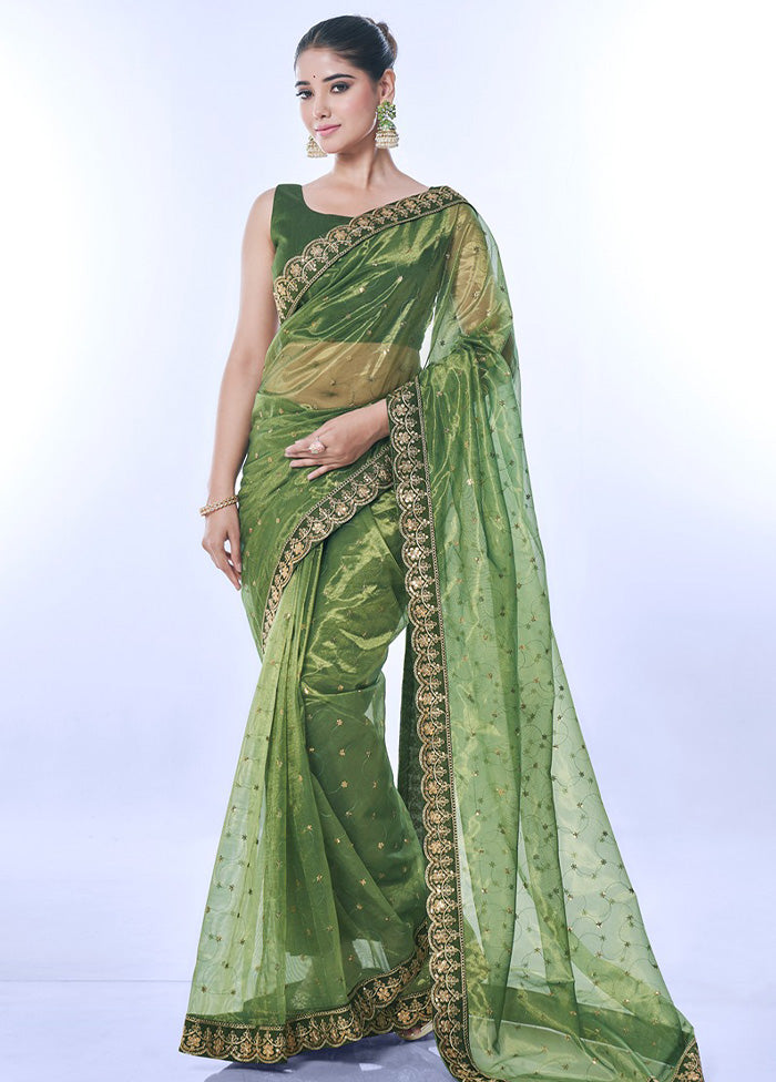 Green Net Net Saree With Blouse Piece