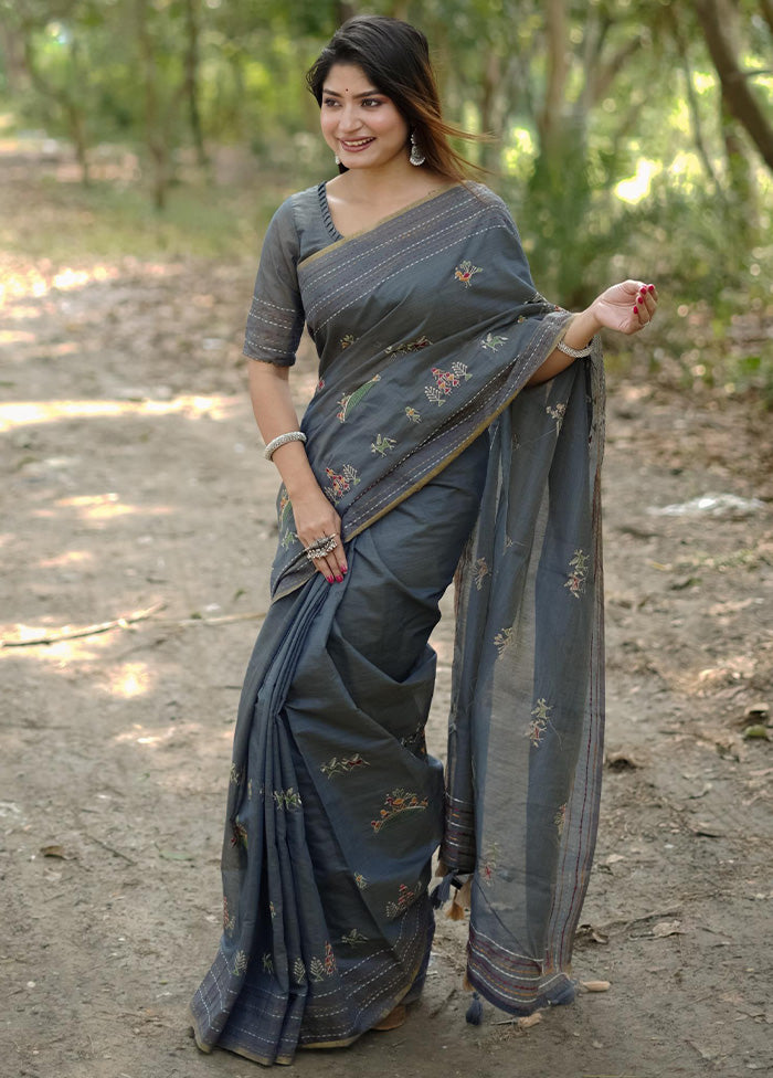 Grey Tussar Silk Saree With Blouse Piece