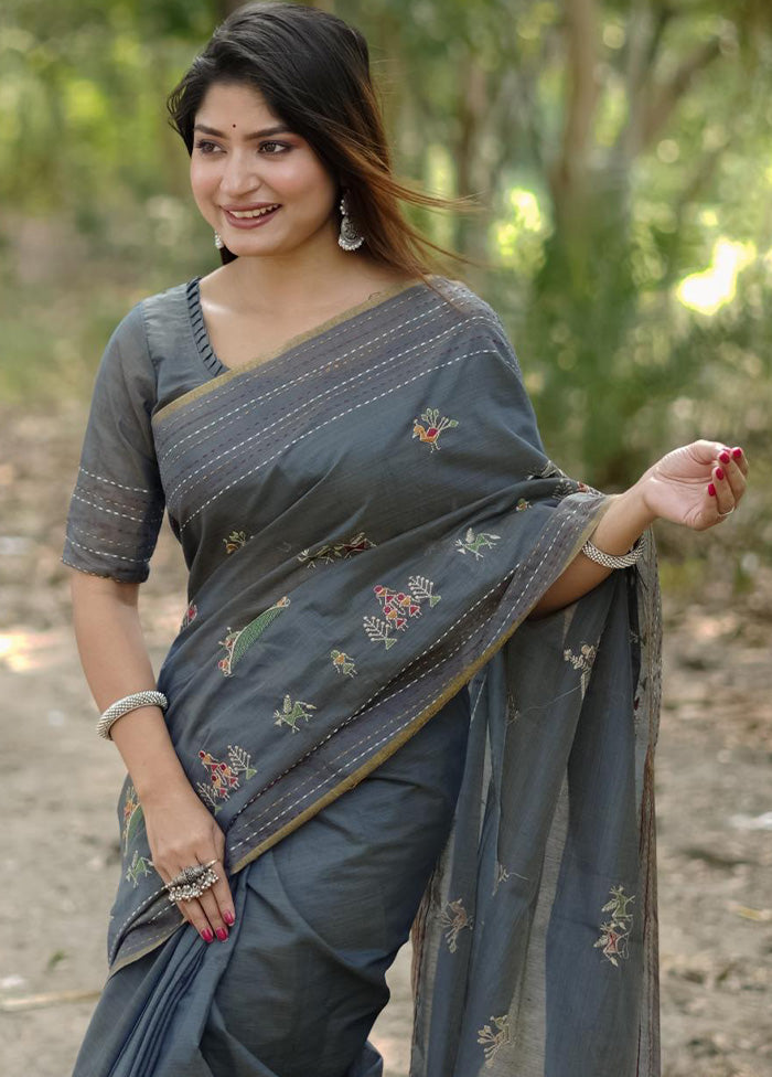 Grey Tussar Silk Saree With Blouse Piece