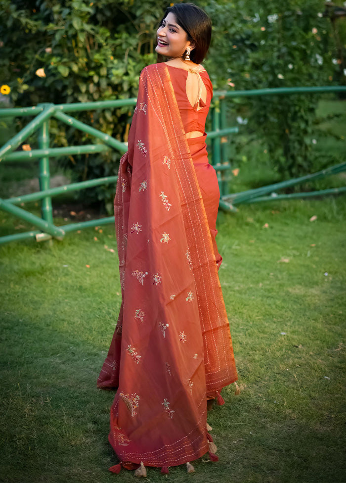 Orange Tussar Silk Saree With Blouse Piece