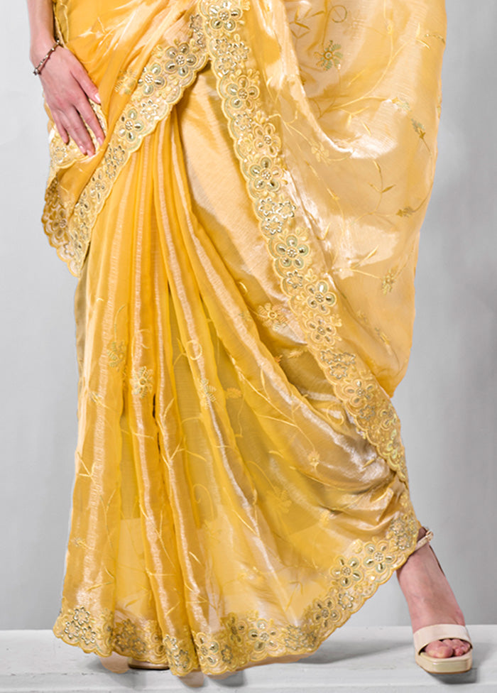 Yellow Spun Silk Saree With Blouse Piece