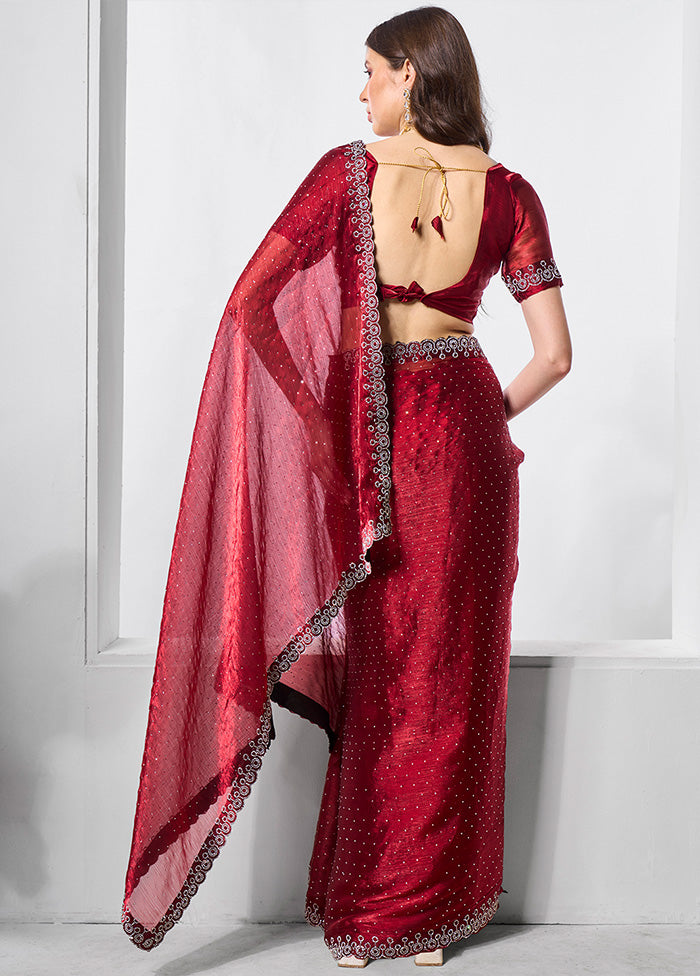 Maroon Spun Silk Saree With Blouse Piece