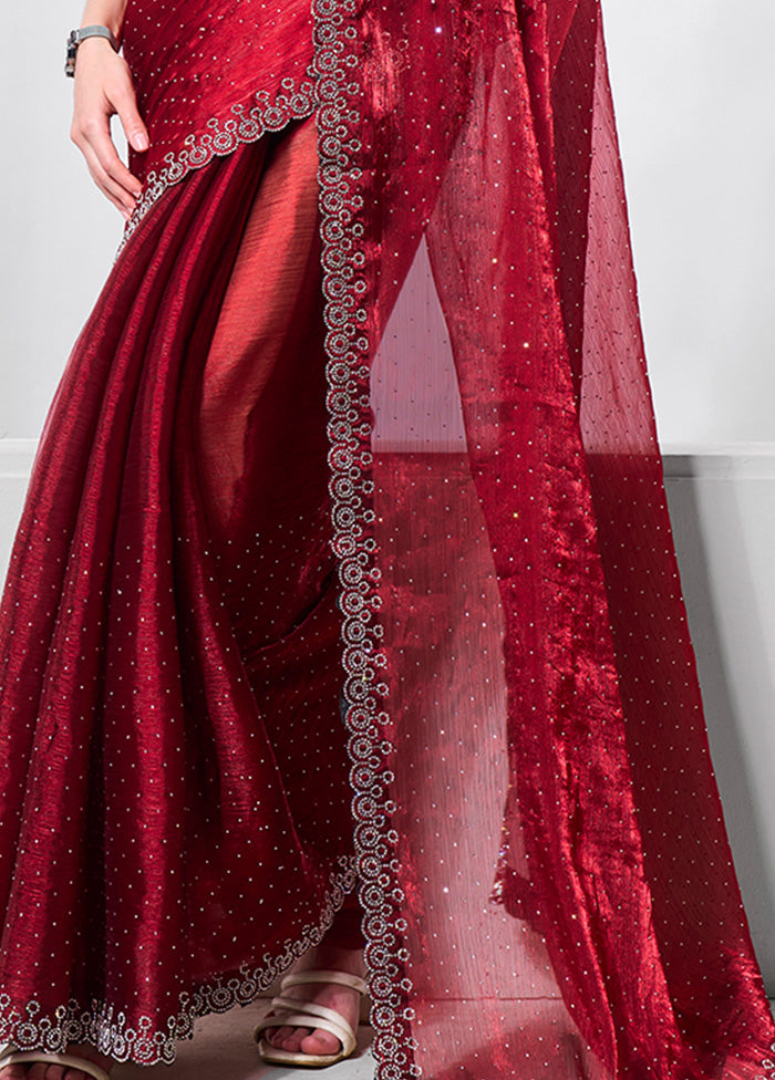 Maroon Spun Silk Saree With Blouse Piece