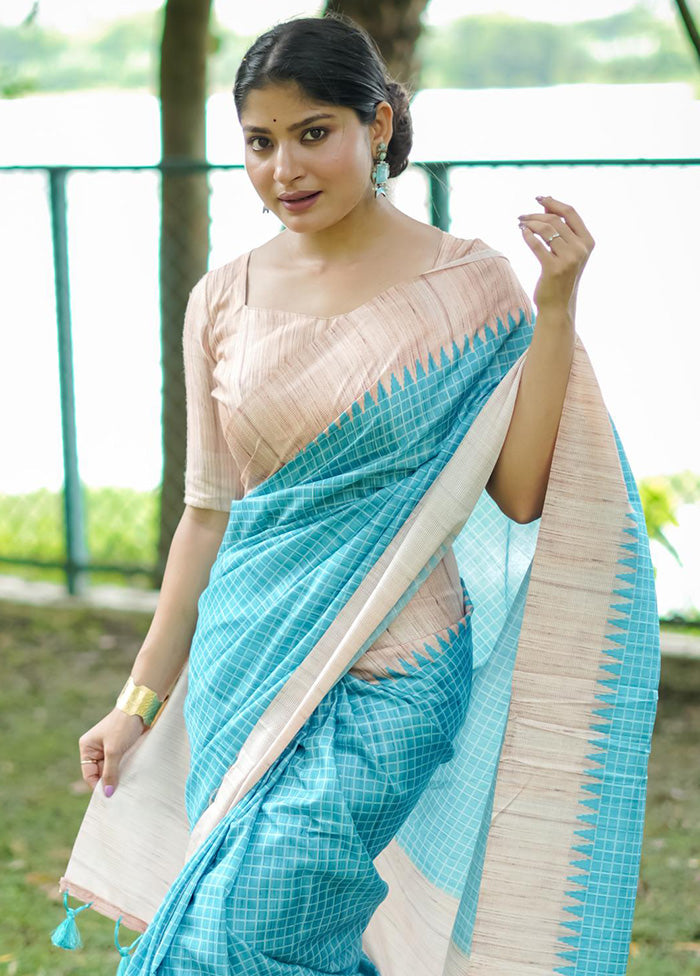 Sky Blue Tussar Silk Saree With Blouse Piece