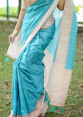 Sky Blue Tussar Silk Saree With Blouse Piece